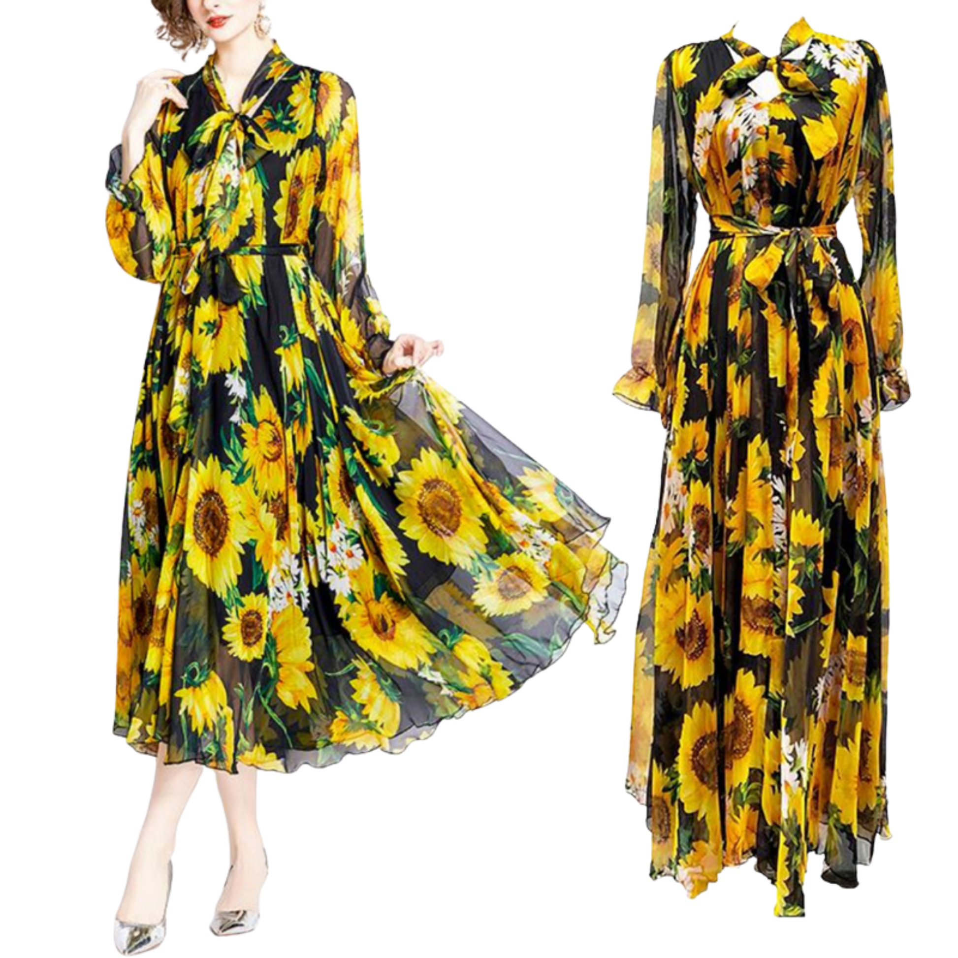 Vintage Sunflower Print Long Sleeve Maxi Dress | Flowy Chiffon A-Line Korean Chic Boho Dress - Fashion Factory USA By Diana