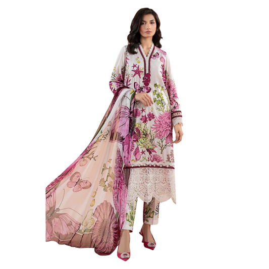 White Designer-Inspired Floral Kameez with Intricate Lace Detail and Stylish Farshi Shalwar
