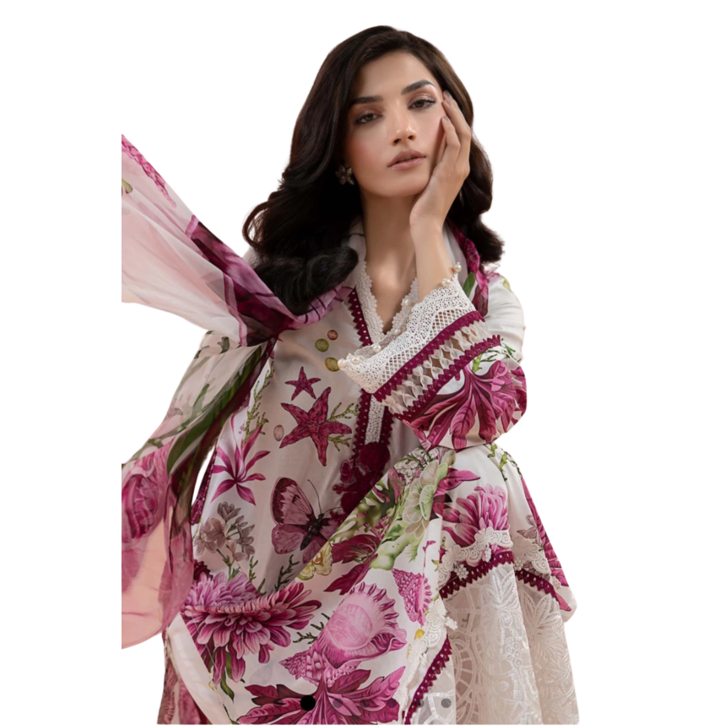 White Designer-Inspired Floral Kameez with Intricate Lace Detail and Stylish Farshi Shalwar