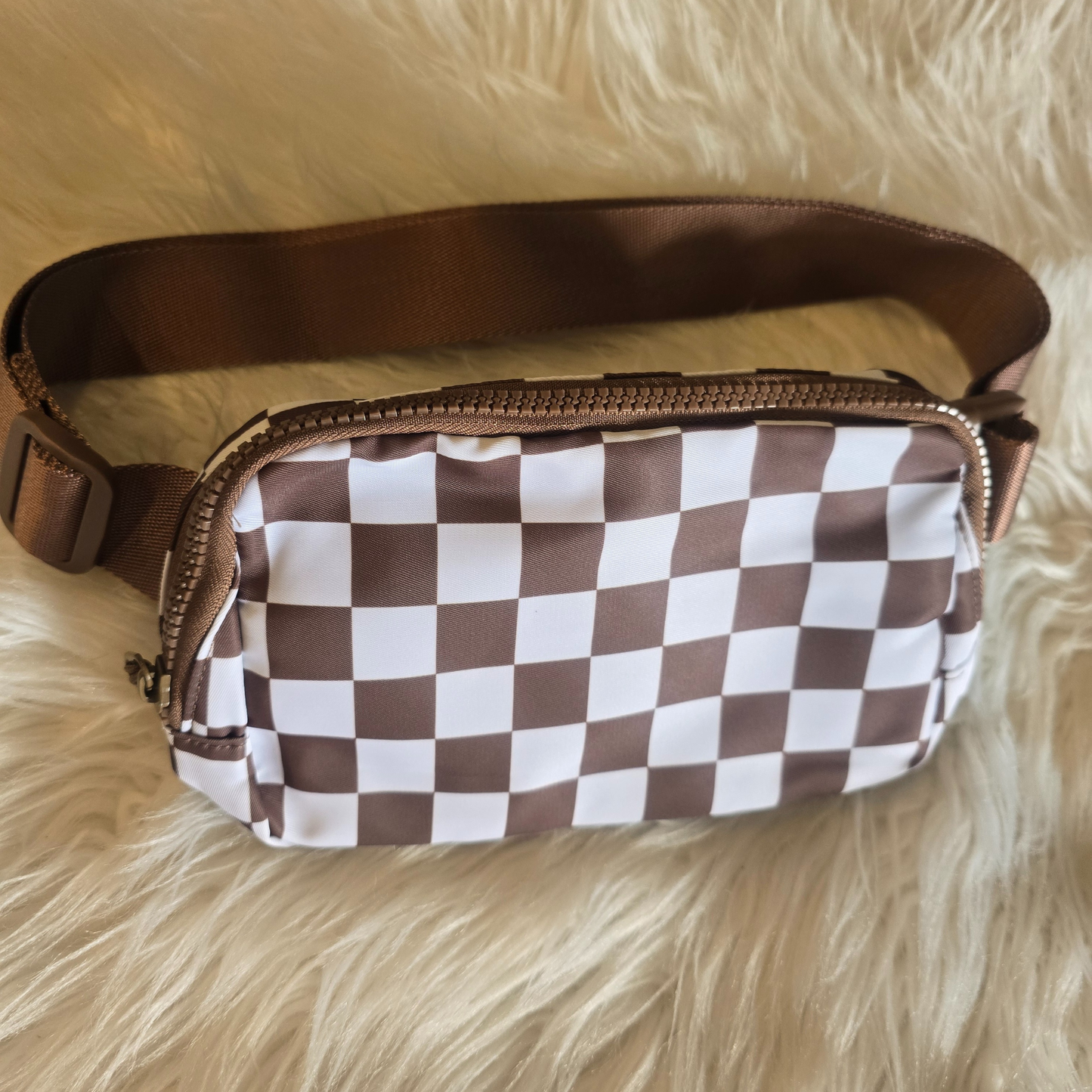 Trending Brown & White Checker Nylon Fanny Pack / Crossbody with Adjustable Strap