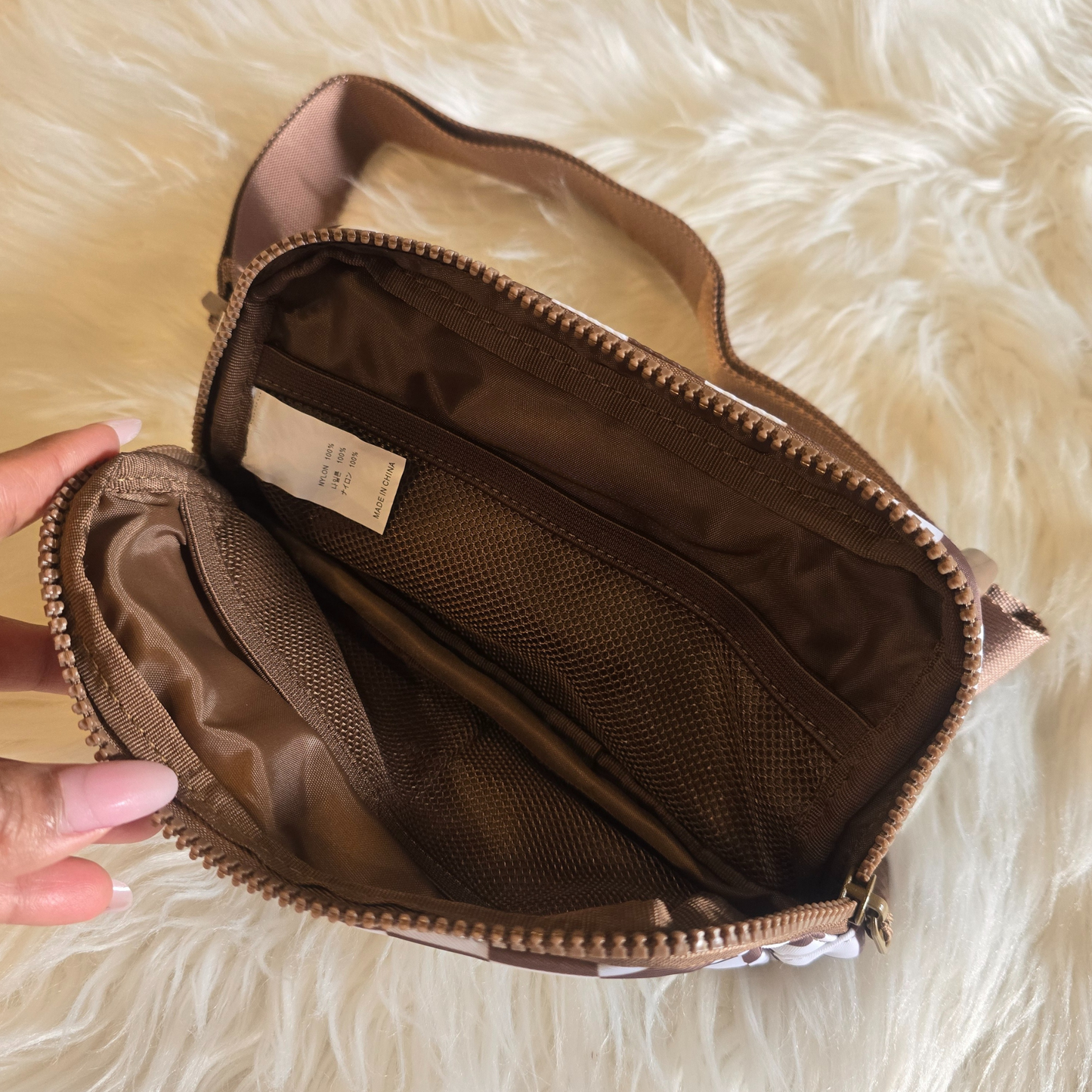 Trending Brown & White Checker Nylon Fanny Pack / Crossbody with Adjustable Strap