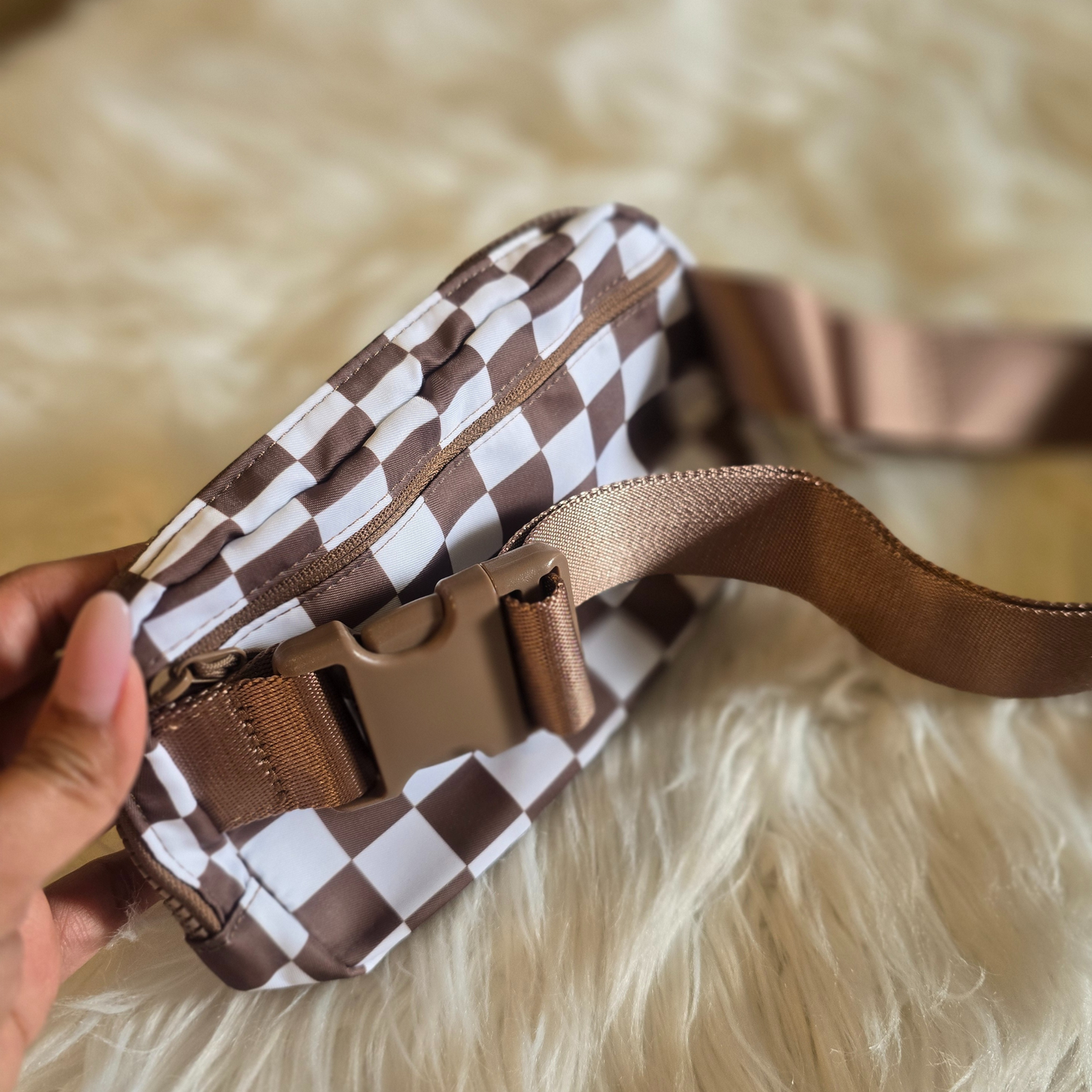 Trending Brown & White Checker Nylon Fanny Pack / Crossbody with Adjustable Strap