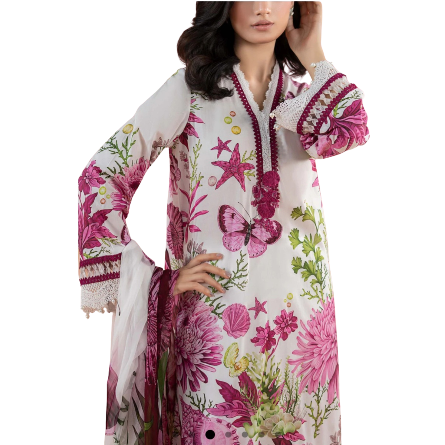 White Designer-Inspired Floral Kameez with Intricate Lace Detail and Stylish Farshi Shalwar