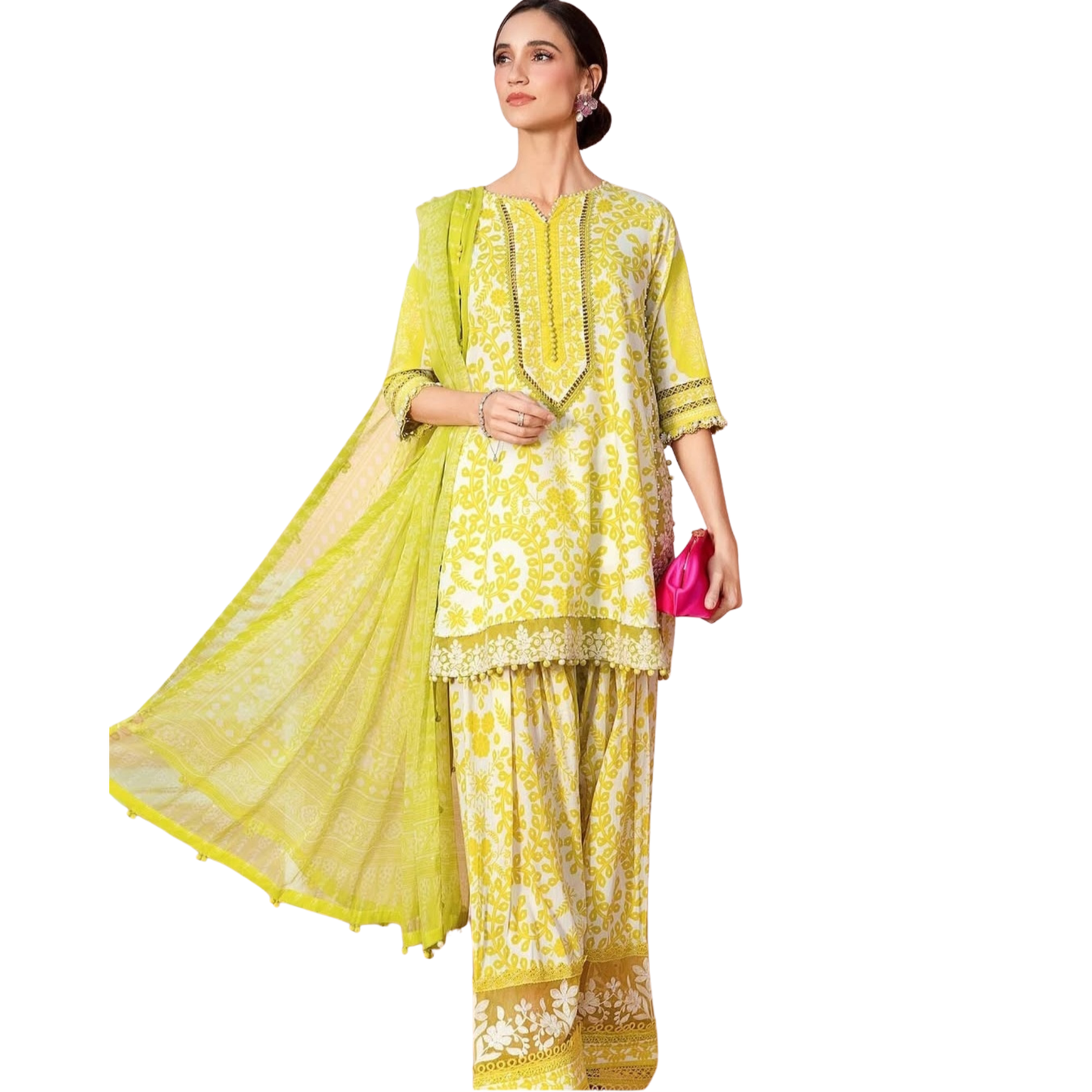 Ready-to-Wear 3-Piece Stitched Printed Lawn Suit with Laces | White & Yellow Designer-Inspired Farshi Shalwar