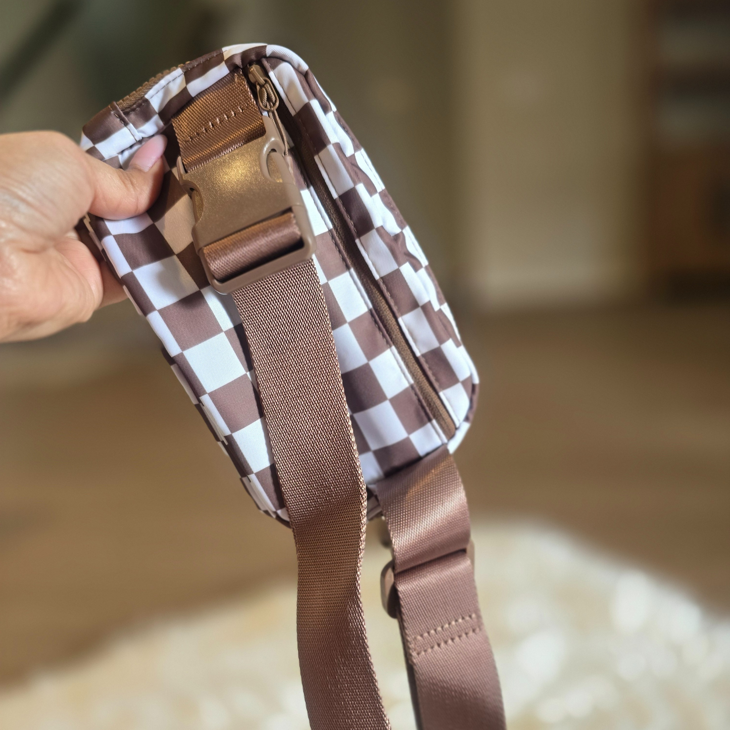 Trending Brown & White Checker Nylon Fanny Pack / Crossbody with Adjustable Strap