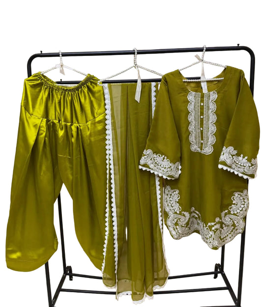 Party Wear Pakistani Designer Olive Green Embroidered Chiffon Kameez | Silk Farshi Salwar | Free Shipping