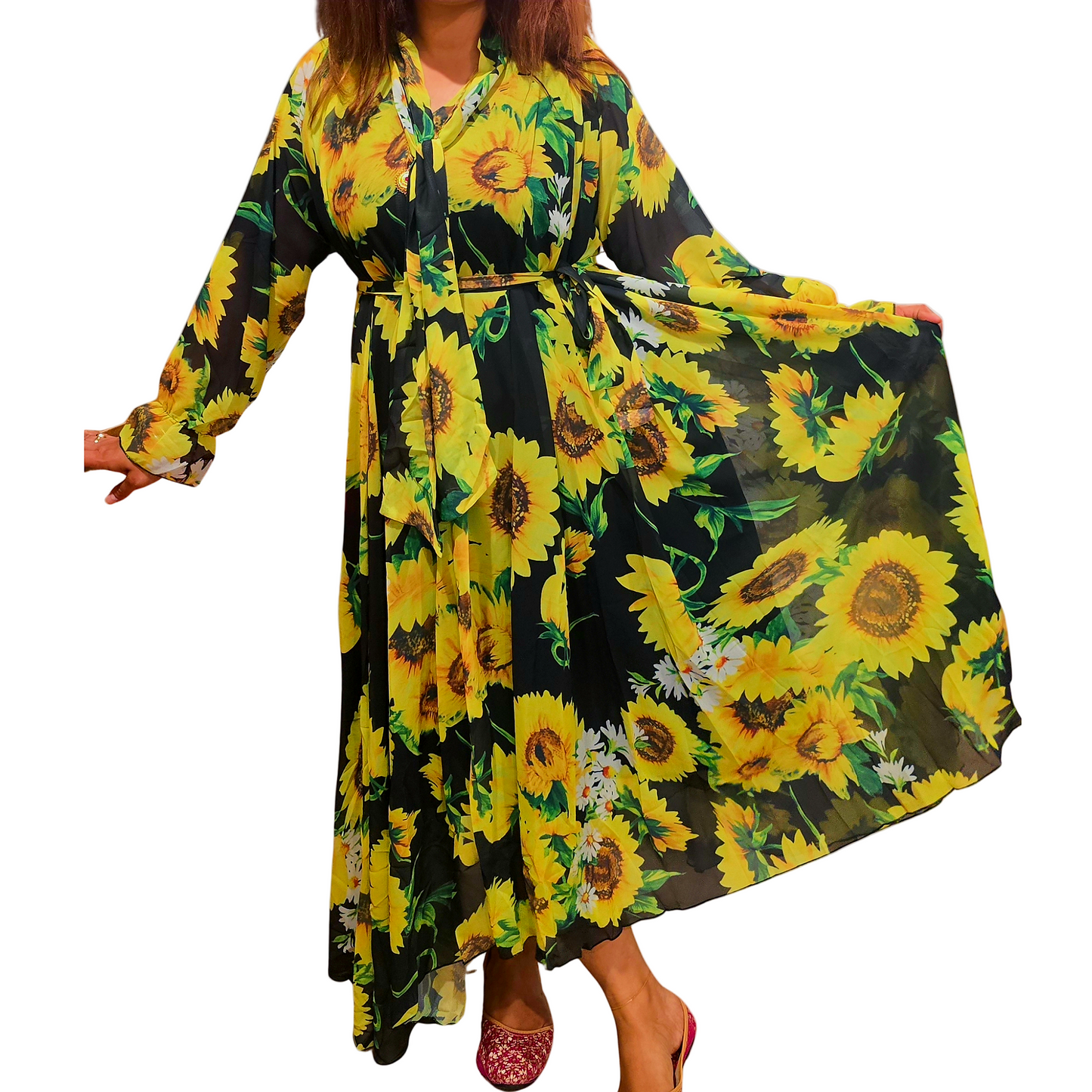 Chic Sunflower Floral Long Sleeve Midi Dress | Vintage A-Line Autumn Chiffon