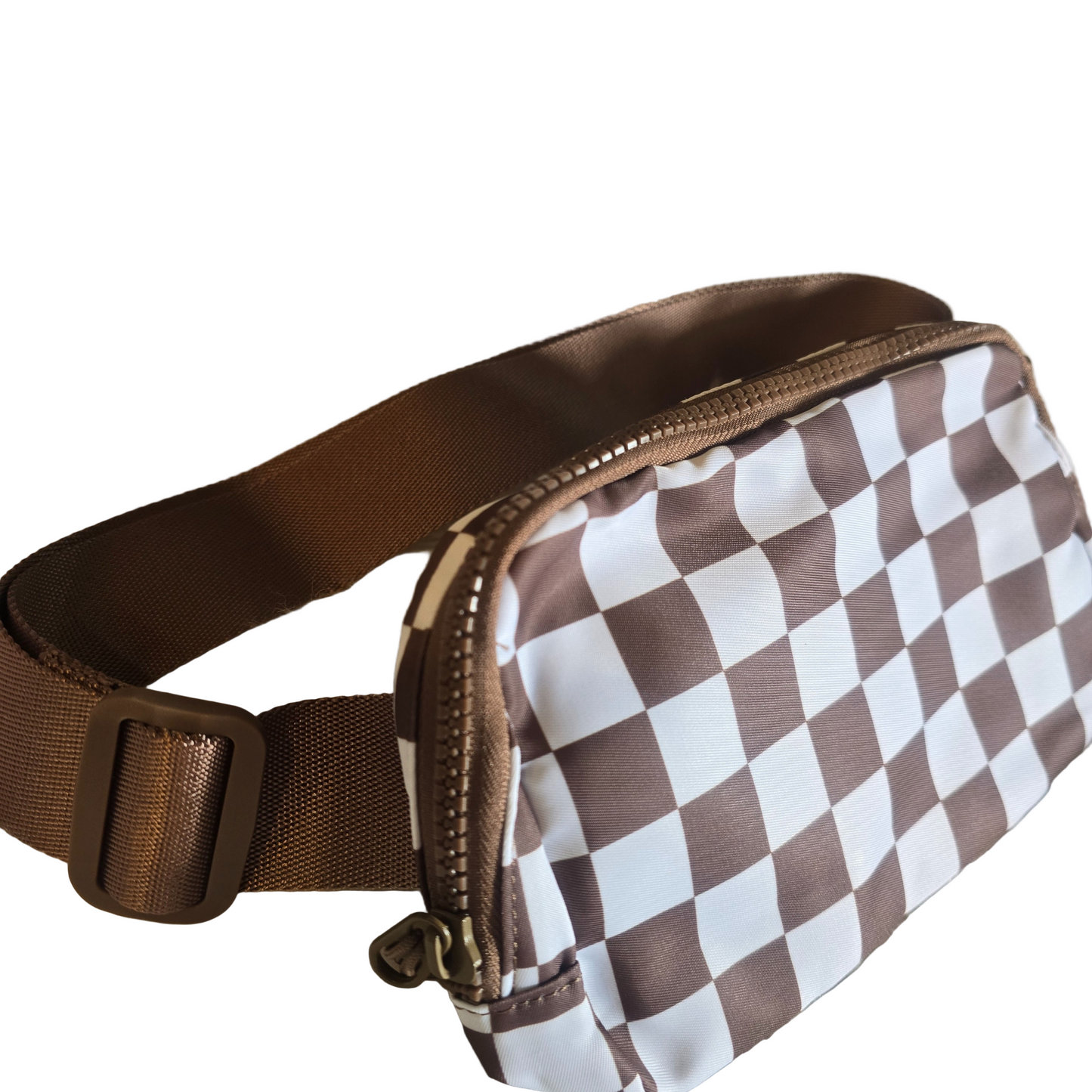 Trending Brown & White Checker Nylon Fanny Pack / Crossbody with Adjustable Strap