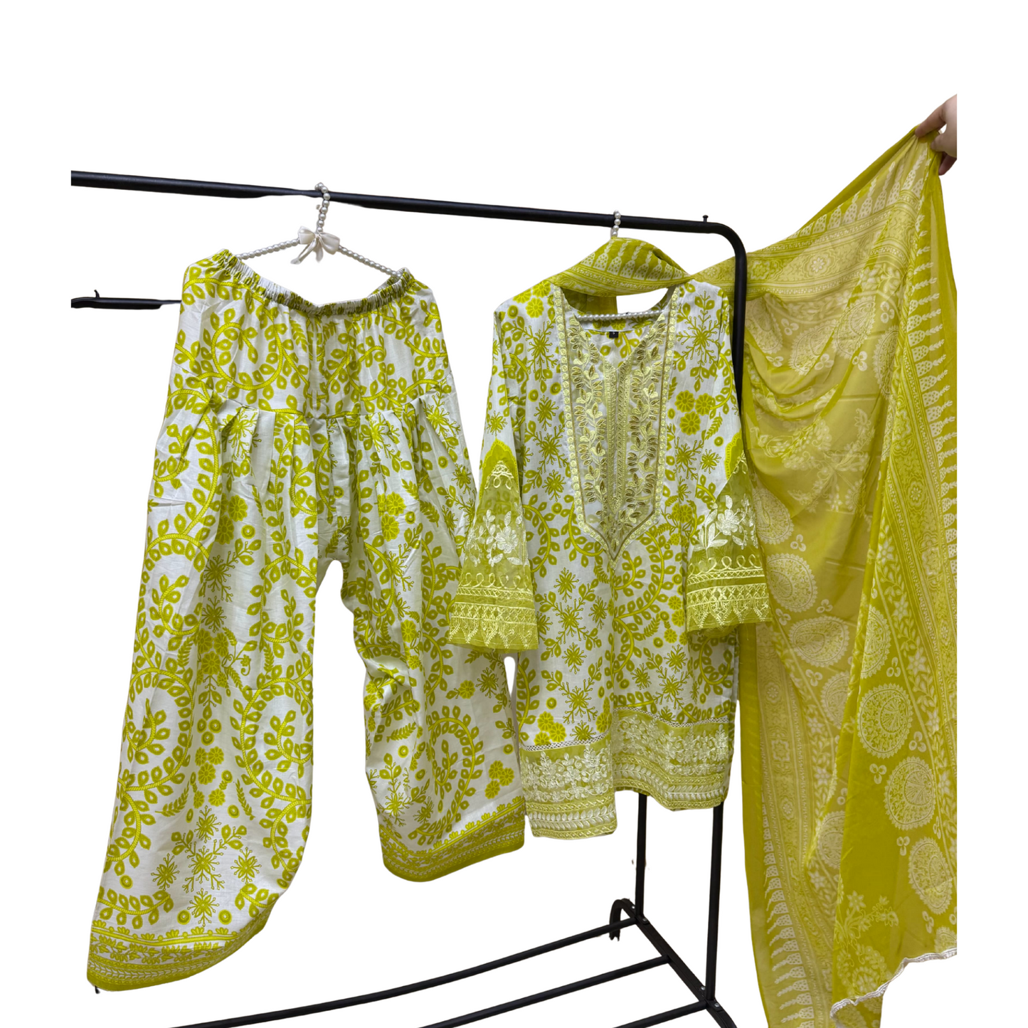 Ready-to-Wear 3-Piece Stitched Printed Lawn Suit with Laces | White & Yellow Designer-Inspired Farshi Shalwar
