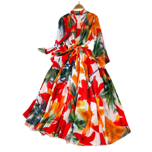 Bohemian Autumn Maxi Dress - Elegant Long Sleeve A-Line Chiffon Print Dress with Tie Waist