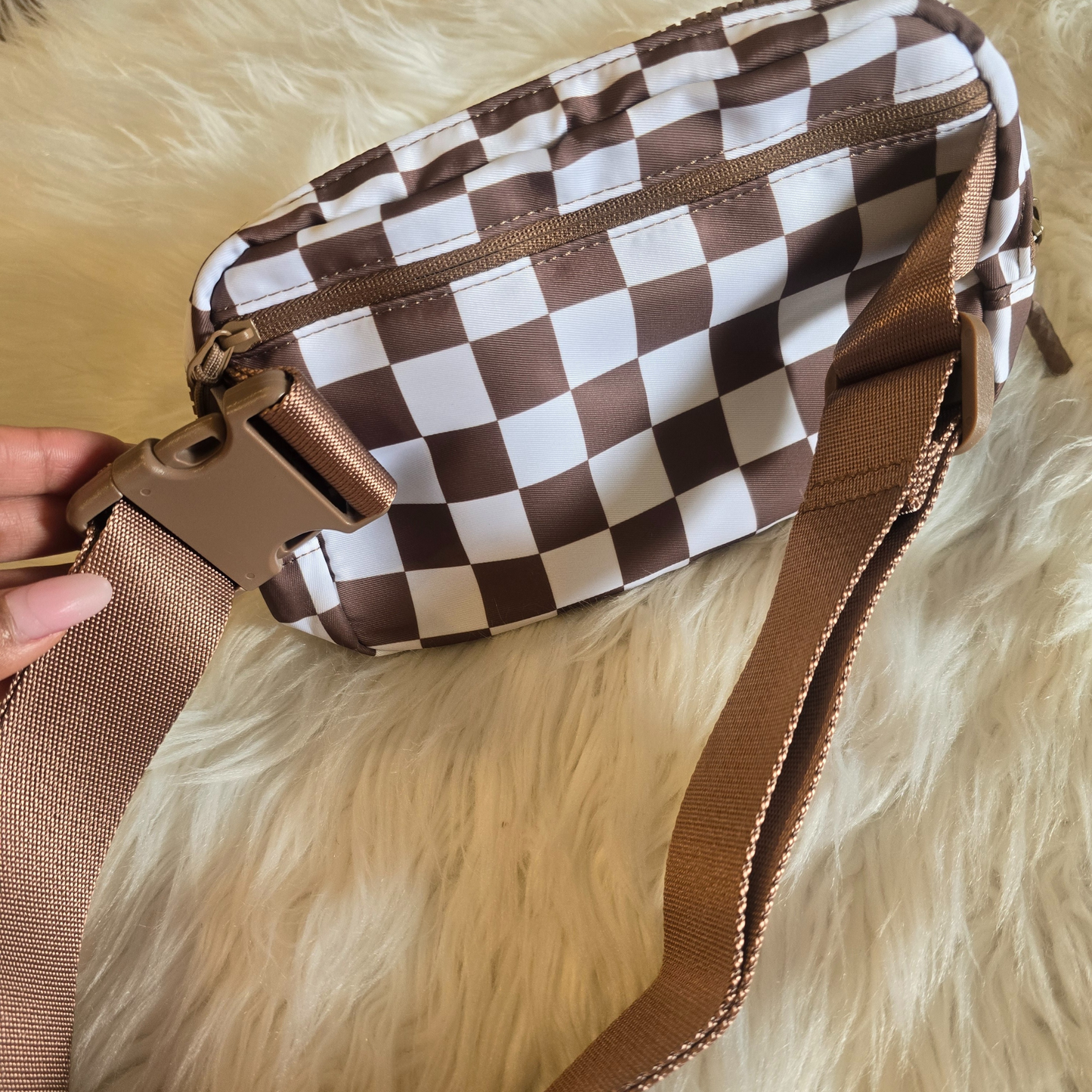 Trending Brown & White Checker Nylon Fanny Pack / Crossbody with Adjustable Strap