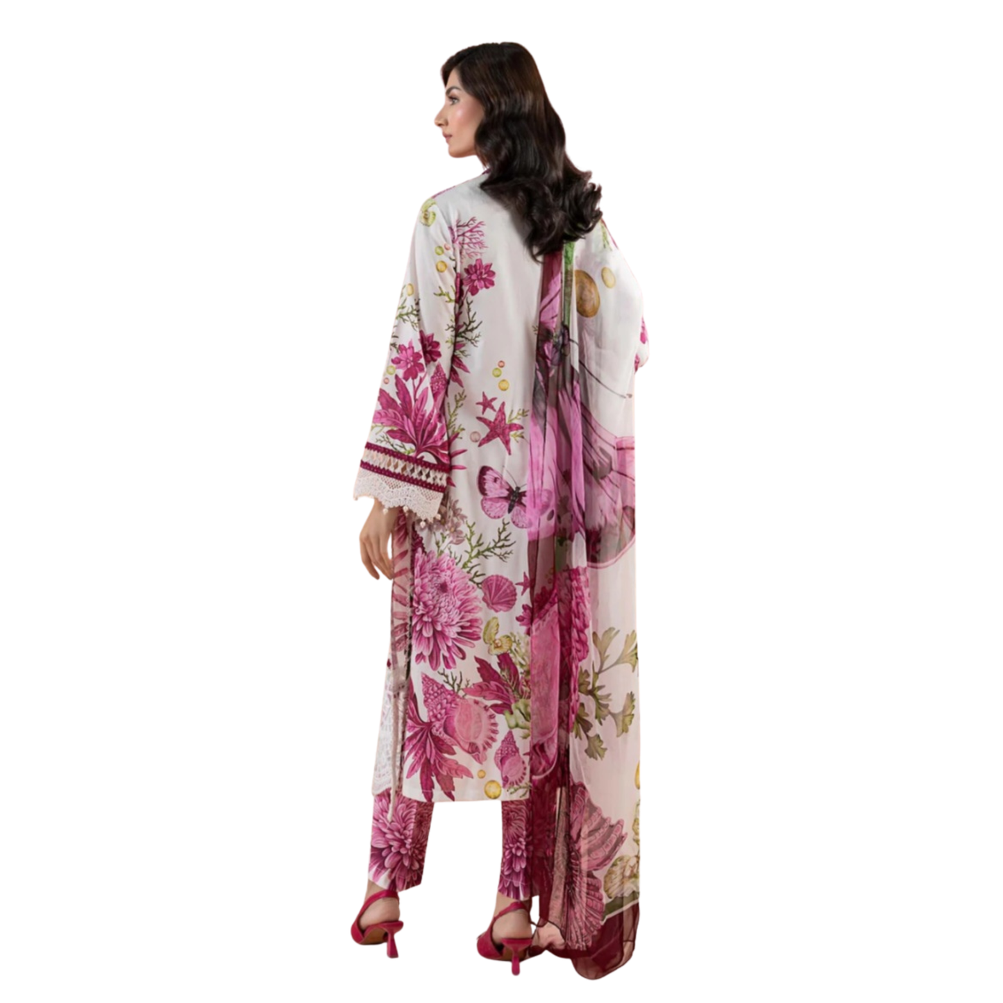 White Designer-Inspired Floral Kameez with Intricate Lace Detail and Stylish Farshi Shalwar
