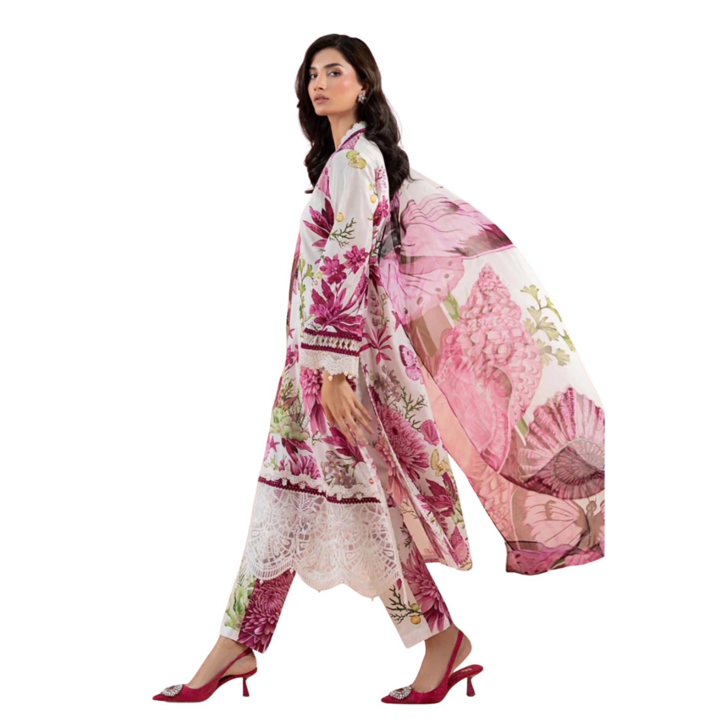 White Designer-Inspired Floral Kameez with Intricate Lace Detail and Stylish Farshi Shalwar