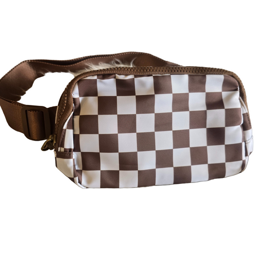 Trending Brown & White Checker Nylon Fanny Pack / Crossbody with Adjustable Strap
