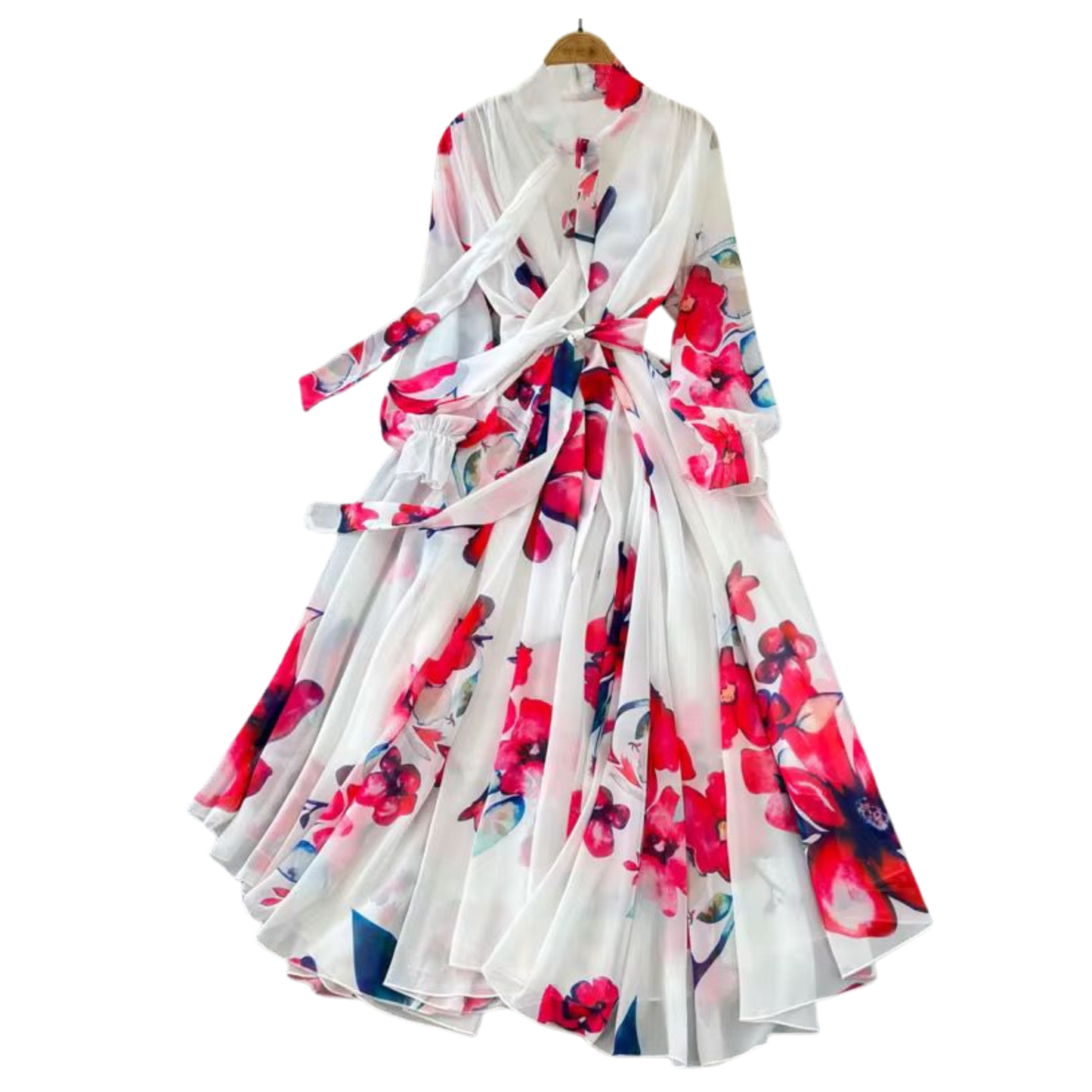 Elegant White & Red Floral Chiffon Maxi Dress - Long Sleeve A-Line Print Gown
