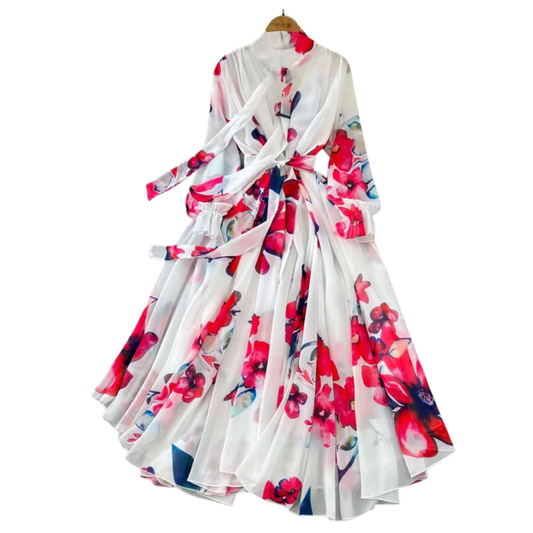 Elegant White & Red Floral Chiffon Maxi Dress - Long Sleeve A-Line Print Gown
