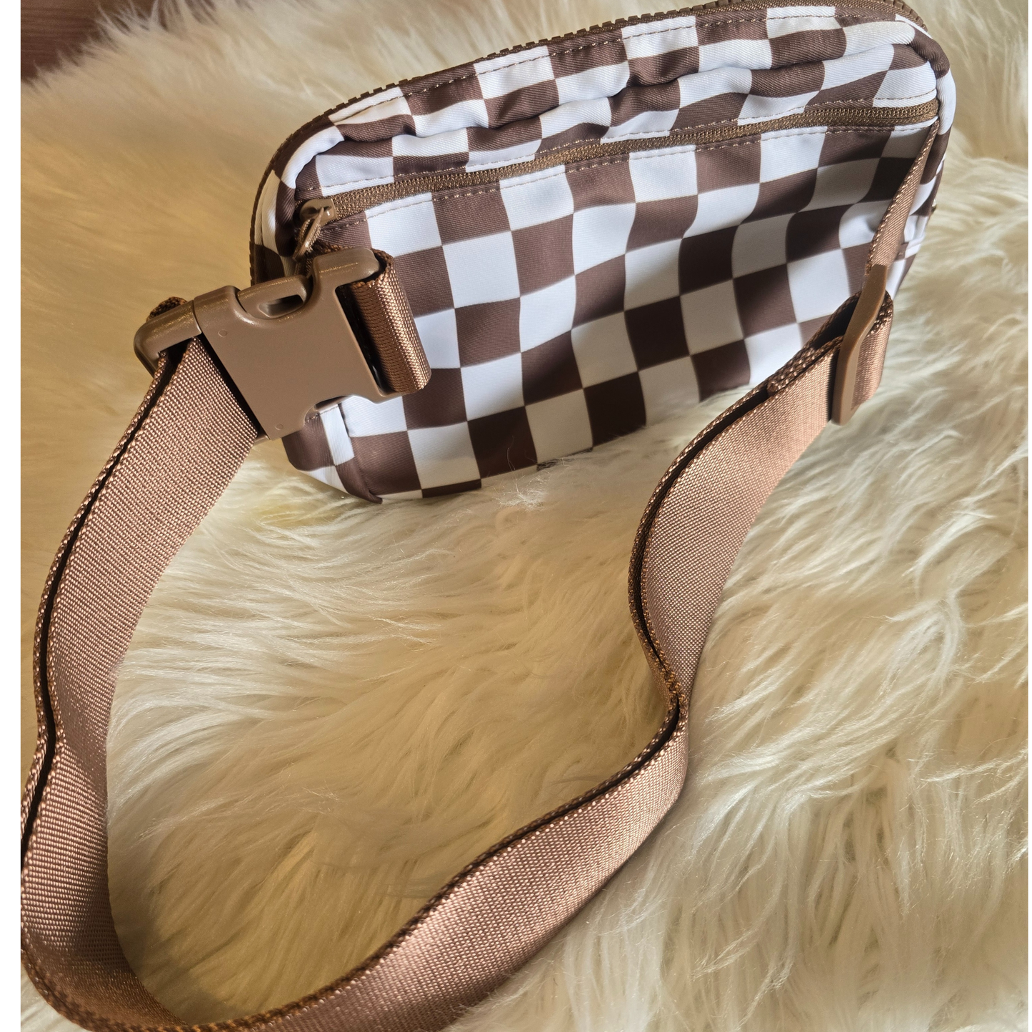 Trending Brown & White Checker Nylon Fanny Pack / Crossbody with Adjustable Strap